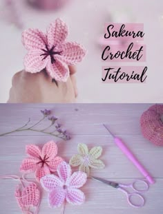 Crochet Sakura Flower Pattern, Crochet Flower Stitches, Crochet Flower Pattern Free, Sakura Crochet, Crochet Cherry Blossom, Crochet Flowers Tutorial, Flor Crochet, Diy Crochet Flowers