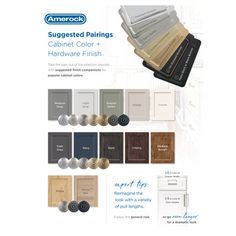 the brochure shows different colors and finishes for cabinet doors, drawers, and cabinets