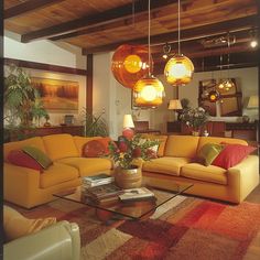 a living room filled with yellow couches and lamps