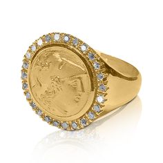 Ceremonial Yellow Gold Jewelry With Single Cut Diamonds, Luxury Ceremonial Jewelry With Diamond Accents, Ceremonial Yellow Gold Jewelry With Diamond Accents, Luxury Round Cut Collectible Jewelry, Vintage Round Jewelry With Pave Setting, Collectible Brilliant Cut Gold Jewelry, Heirloom Gold Jewelry With Pave Setting, Coin Band, Gold Coin Ring