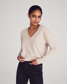 Woman Wearing Bethesda Sweater in Oatmeal Casual Luxury, Cashmere Yarn, Office Attire, Office Wear, Neutral Tones, Cotton Sweater, V Neck Sweater, Deep V Neck, Cashmere Sweaters