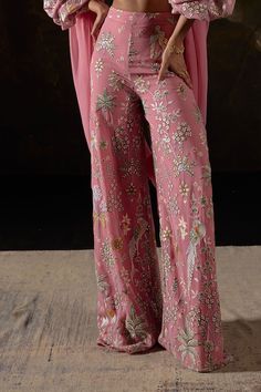 Pink noodle strap sleeves bralette style blouse with all over Parakeet paradise embroidery. Paired with a matching embroidered high waist wide legged pant and a statement dupatta with attached embroidered puffed sleeves. - Aza Fashions Summer Party Embroidered Pant Set, Floral Embroidered Party Pants For Spring, Floral Embroidery Pants For Spring Party, Spring Party Pants With Floral Embroidery, Party Sets With Embroidered Straight Pants, Party Set With Embroidered Straight Pants, Pink Summer Wedding Bottoms, Pink Pant Set For Spring Wedding, Fitted Pink Bottoms With Floral Embroidery