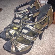 Size 9 - Never Worn. In Perfect Condition! Guess Shoes, Black Heels, Gold Black, Shoes Women Heels, Shoes Heels, Women Shoes, Heels, Gold, Women Shopping