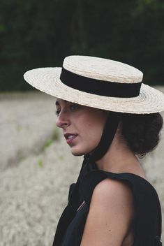 Edwardian style Canotier for wedding guest Flat brim straw | Etsy Summer Curved Brim Boater Hat For Picnic, Summer Picnic Boater Hat With Curved Brim, Classic Brimmed Top Hat For Spring, Chic Fitted Hat For The Beach, Chic Fitted Beach Hat, Summer Boater Hat For Kentucky Derby Picnic, Elegant Boater Hat For Vacation, Classic Wide Brim Top Hat For Spring, Classic Boater Hat With Curved Brim For Spring