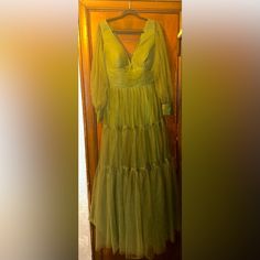 a green dress hanging on a wooden door