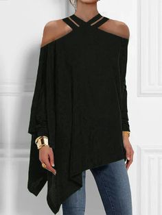 Loose Asymmetric Hollow Cold Shoulder Blouses & Shirts Tops Asymmetrical Hem Solid Color Summer Blouse, Summer Asymmetrical Hem Solid Color Blouse, Summer Blouse With Asymmetrical Hem, Casual Asymmetrical Top For Fall, Casual Asymmetrical Solid Color Blouse, Fall Party Blouse With Cold Shoulder, Fall Party Cold Shoulder Blouse, Asymmetrical Hem Top For Night Out, Chic Blouse With Asymmetrical Hem And Solid Color