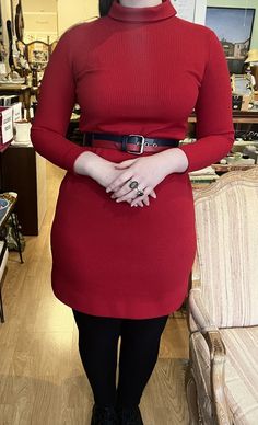 "Bleecker Street Vintage Red 60s Mock Neck Bodycon Dress w/Belt M US 8 or 10 Knit We are offering a vintage Bleeker Street red knit dress, most likely from the 1960s. This piece is a lovely high collar bodycon knit with a decent amount of stretch, and comes with a blue and red belt. Fits like a US women's medium. Excellent condition with minimal age-related wear. Measurements (unstretched): Bust-35\" Waist- 32\" Shoulder to Hem- 36\" Sleeve Length- 20.5\" Model Measurements: Bust- 38\" Waist- 30 Bodycon Knit Dress, Mock Neck Bodycon Dress, Red Knit Dress, Red Turtleneck Sweater, Bleecker Street, Dark Red Dresses, Red Turtleneck, Red Bodycon Dress, Turtleneck Sweater Dress