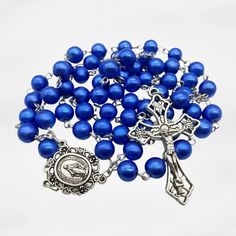 Blue Pearl Beads Rosary Necklace Catholic Miraculous Medal & Cross Crucifix Beads Rosary, Pearl Rosary, Rosary Necklace, Miraculous Medal, Rosary Beads, Blue Pearl, Spiritual Jewelry, Necklace Handmade, How To Make Beads