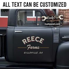 an old black truck with the words, all text can be customizeded on it