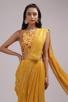 Mustard cowl draped saree with silver lining work. Paired with rose print pant and padded blouse. - Aza Fashions Aakanksha Singh, Saree Gowns, Cotton Sarees Handloom, Draped Saree, Print Pant, Ruffle Saree, Padded Blouse, Drape Saree, Lace Pants