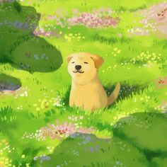 a painting of a dog sitting in the grass