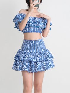 Color: Blue, size: S High Waist Skirt Outfit, Waist Skirt Outfit, High Waisted Skirt Outfit, Craft Embroidery, Ruffled Shirt, Female Sleeve, Retro Skirt, Closet Makeover, Ruffle Shirt