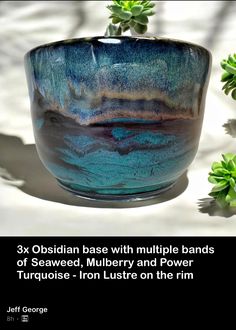 there is a blue bowl with green plants in the background and an ad for seaweed, mulberry and power torquse - iron luste on the rim