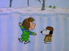 charlie brown and his dog are playing in the snow