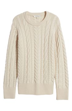 Sumptuous wool and cashmere yarns give the cable pattern of this oversized, layer-ready sweater a luxuriously soft, warm touch. 27" length (size Medium) Crewneck Long sleeves Ribbed cuffs and hem 90% wool, 10% cashmere Dry clean Imported Cable Pattern, Cashmere Yarn, Cable Stitch, Cream Sweater, Fabric Gift Bags, Nordstrom Store, Fabric Gifts, Free Fabric, Cashmere Sweater