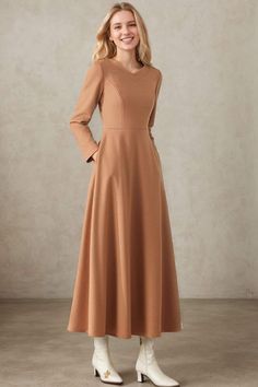 ★★ FEATURES * 30% wool, other fiber, nylon * Polyester lining * Two side pockets * Back zipper closure * Long sleeves * Fitted waist dress * Maxi wool dress * Winter wool dress * Perfect for Winter, autumn * Dry clean ★★ The model is 170 cm (5′ 7″) tall with a 80 cm (31.5") bust, 66 cm (26") waist. She is wearing the wool dress in size XS. ★★ Bespoke Order Service If you Request other color Request the length Request a sleeve Your height is not between 155 cm- 172 cm Your weight is over 75 kg I can do it for you, It will need some extra fee depending on on your need. Contact with me for more detail. ★★ Get your size in Size Chart with your body measurement https://www.etsy.com/listing/794055682 ★★ Warmly Note: 1 ) : Please confirm your shipping address! If you wish to ship the item to a di Beige A-line Maxi Dress For Fall, Beige Long Sleeve Modest Maxi Dress, Modest Fitted Brown Maxi Dress, Fitted Modest Brown Maxi Dress, Modest Beige Long Sleeve Maxi Dress, Fitted Wool Dress In Beige, Fitted Beige Wool Dress, Fitted Brown Maxi Dress For Winter, Winter Brown Maxi Dress