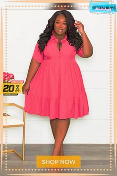 Plus Size Short Sleeve Button Down Midi Dresses Solid Knee-length Dress With Button Closure, Knee-length Mini Dress With Buttons, Knee-length Buttoned Shirt Dress For Spring, Knee-length Shirt Dress With Buttons For Spring, Spring Knee-length Buttoned Shirt Dress, Pink Buttoned Knee-length Midi Dress, Solid Mini Dress With Buttons For Spring, Spring Knee-length Shirt Dress With Buttons, Pink Knee-length Buttoned Midi Dress