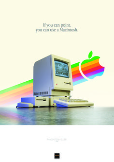 an apple computer sitting on top of a table next to a rainbow wallpaper with the words if you can point, you can use a macintosh