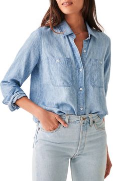 Faherty Chambray Button-Up Shirt | Nordstrom Neutral Pants, Outfit Planner, Neutral Sweaters, Ladies Style, Spring Staples, Denim Shirts, Spring Capsule Wardrobe, Chambray Shirt, White Denim