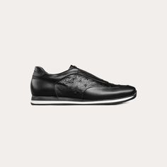 Laceless runner sneakers handcrafted using a rich natural leather/ostrich hybrid material. Handcrafted with every detail to close attention and made to last. The sneakers feature a natural leather midsection that has the unique Reggenza logo written in a classy font. Versatile and black design, making the sneakers perfect for wearing with denim jeans, or your favourite sporty tracksuit. Classy Fonts, Ostrich Leather, Black 7, Black Design, Natural Leather, Sneakers Black, Leather Sneakers, Elegant Style, Dress Shoes Men