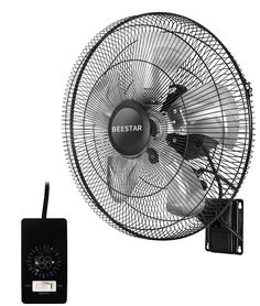 a black electric fan with the word bee star on it and an electronic charger