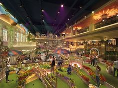 an indoor shopping mall with lots of plants and people walking around the area, all decorated in bright colors