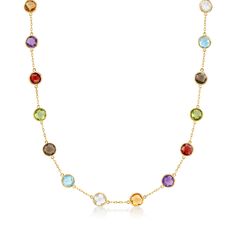 Ross-Simons - 13.80ct t. w. Bezel-Set Multi-Gemstone Station Necklace. 16". Brighten your wardrobe with all the colors of the rainbow. This necklace showcases stations of 13.80 ct. t. w. bezel-set multi-gemstones on a polished 14kt yellow gold cable chain. Includes amethyst, peridot, garnet, blue and white topaz, smoky quartz, and citrine rounds. Lobster clasp, multi-gemstone station necklace. Multicolor Round Birthstone Necklaces, Elegant Multicolor Faceted Crystal Necklaces, Elegant Rainbow Necklaces With Gemstone Accents, Multicolor Gemstone Crystal Necklace, Elegant Rainbow Necklace With Gemstone Accents, Elegant Multicolor Gemstone Crystal Necklace, Peridot Color, Stone Bead Jewelry, Bezel Necklace