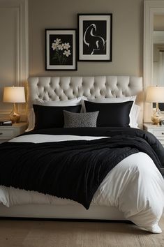 Make a bold statement by combining black bedding with crisp white bedroom furniture. This look merges modern style with timeless appeal, giving your space a high-end aesthetic that’s sure to impress. White Bedroom Furniture Ideas, Bedroom Furniture Ideas, Bedding Ideas