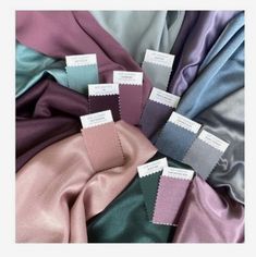 several colors of satin fabric with the words soft summer on them