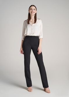 About Our Slacks for Tall Women The search for extra-long women's dress pants is over. Whether you're meeting clients to close a deal or walking into a big job interview, you need an outfit that's going to make you look good and feel confident. Finding options when you're vertically blessed can be tough, which is why we designed this pair of slacks for tall women between 5'9” and 6'6”. They have an extra-long inseam with a turn-up hem, a traditional straight fit that will flatter your long legs Slacks Work Outfits Women, Dresses For Tall Slim Ladies, Black Formal Pants Outfit Women, Black Formal Pants Outfit, Black Slacks Outfit, Black Dress Pants Outfits, Pants For Tall Women, Slacks Outfit, Formal Pants Women