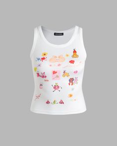 Details: White crop top with cute cartoon graphical printsTop Length: CroppedSleeve Length: SleevelessMaterials:95% Polyester + 5% Spandex Y2k Printed Tank Top For Spring, Trendy Graphic Print Tank Crop Top, Trendy Tank Crop Top With Graphic Print, Casual Graphic Print Tank Crop Top, Casual Tank Crop Top With Graphic Print, Fitted Graphic Print Cute Tank Top, Y2k Sleeveless Printed Tops, White Printed Sleeveless Crop Top, White Sleeveless Printed Crop Top