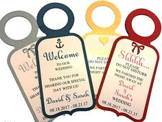 three door hangers with different designs and names on them, one is for a wedding