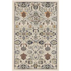 an area rug with various colors and designs on the carpet, including blue, beige, orange