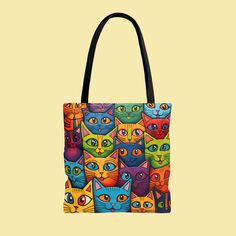 Colorful Cats Tote Bag Gift for Cat Owner Summer Bag For Cat Parent Beach Tote Cute Cats Canvas Tote Bag Canvas Artsy Gift Boho Tote Bag. This practical and high-quality bag is the perfect blend of comfort and style, whether you're strolling along the beach or exploring the vibrant streets of town. 𝐃𝐄𝐓𝐀𝐈𝐋𝐒 🐱 100% Polyester 🐱 Boxed corners 🐱 Black inner stitching, transparent thread on hems. 🐱Black cotton handles 🐱 With non-woven laminate inside 🐱 3 sizes: Small ( 12'x13'), Medium ( Cat Design Pouch Shoulder Bag For Travel, Travel Pouch Shoulder Bag With Cat Design, Travel Shoulder Bag With Cat Design, Daily Use Shoulder Bag With Cat Design Pouch, Casual Multicolor Shoulder Bag With Cat Design, Travel Shoulder Bag With Cat Print, Casual Multicolor Cat Design Shoulder Bag, Cat Print Shoulder Travel Bag, Daily Use Multicolor Bags With Animal Design