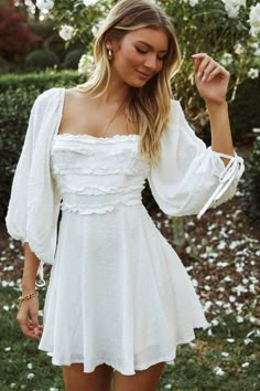 Shop the Illia Three-Quarter Balloon Sleeve Frill Bodice Dress White | Selfie Leslie Tan Mules, Selfie Leslie, Bodice Dress, Grad Dresses, Clothing Tags, Hoco Dresses, Trim Detail, Balloon Sleeves, Dress White