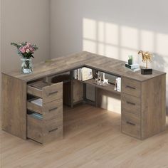 an office desk with drawers and a book shelf