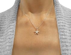 Tiny Silver Starfish Necklace Sterling Silver Starfish Charm Pendant Necklace, Minimalist Starfish Jewelry Gift, Sterling Silver Pendant Necklace With Starfish Charm, Sterling Silver Starfish Charm Necklace, Silver Starfish Necklace For Gift, Sterling Silver Necklace With Starfish Charm, Sterling Silver Starfish Necklace With Star Charm, Star-shaped Sterling Silver Jewelry With Lobster Clasp, Silver Sterling Necklace With Starfish Charm