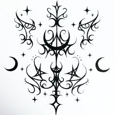 a black and white drawing of an ornate design with stars, moon and crescents