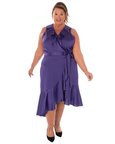 This stunning dress is perfect for any special occasion! Crafted from luxurious satin back crepe and fully lined, this elegant piece features a self sash to give you the perfect fit. Feel beautiful and confident in this gorgeous dress! A must-have! Round out your vacation and weekend wardrobe with this plus size dress Taylor Dress SATIN BACK CREPE FULLY LINED DRESS W/SELF SASH | ROYAL PURPLE | Dresses | Materials & Care Instructions: ['100% Polyester', 'Imported'] Satin Midi Dress With Tie Waist, Satin Midi Dress With Tie Waist For Evening, Chic Satin Midi-length Wrap Dress, Chic Satin Midi Length Wrap Dress, Chic Satin Midi Wrap Dress, Chic Silk Dress With Tie Waist, Satin Finish Sleeveless Dress For Wedding Guest, Satin V-neck Belted Dress, Fitted Belted Dress For Gala