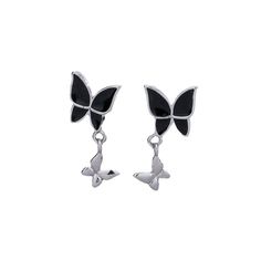 Color: Black Butterfly Studs Fashion Element: Butterfly Style: Cute Trendy Black Nickel-free Earrings, Trendy Black Earrings For Gift, Trendy Black Sterling Silver Earrings, Trendy Black Sterling Silver Jewelry, Black Enamel Metal Earrings, Black Metal Dangle Earrings, Black Single Dangle Earring, Black Dangle Alloy Earrings, Black Dangle Earrings In Alloy