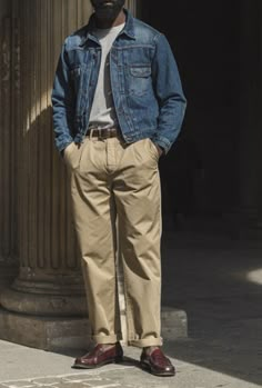 Americana Mens Fashion, Chino Pants Men Outfits, Denim Jacket Outfit Mens, Khaki Jacket Outfit, Japan Fashion Casual, Denim Jacket Men Outfit, Workwear Menswear, Loafers Men Outfit