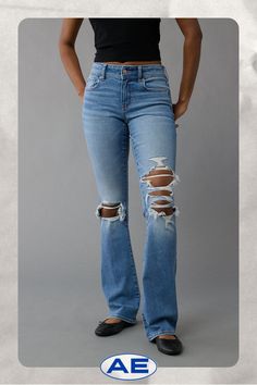 Next Level Stretch/Our softest, stretchiest, never-loses-its-shape denim/Won't bag out. Ever./Medium wash/Ripped American Eagle Bootcut Jeans, Shoes With Bell Bottom Jeans, Wishlist Ideas, Levi Jeans Women, Flair Jeans, Ae Jeans, Jean Pants, Bootcut Jean, School Clothes