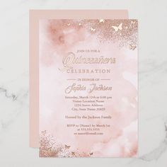 a pink and gold birthday party card