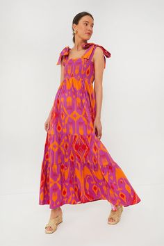 Exclusive Sunset Ikat Kelly Dress Bold Summer Vacation Dresses, Red Abstract Print Vacation Dress, Red Abstract Print Dress For Vacation, Pink Maxi Dress With Abstract Print, Summer Dresses With Ikat Print, Bold Multicolor Beach Dress, Vibrant Multicolor Printed Maxi Dress, Pink Abstract Print Vibrant Dress, Summer Purple Maxi Dress With Vibrant Print