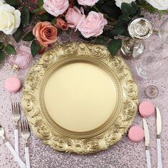 14inch Metallic Gold Vintage Plastic Charger Plates Engraved Baroque Rim, Disposable Serving Trays Disposable Serving Trays, Plates For Wedding, Charger Plates Wedding, Wedding Dinnerware, Gold Charger Plate, Gold Chargers, Baroque Design, Weddings By Color, Holiday Dining