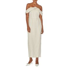 BERNADETTE "Serena" dress with rosette detail Off-the-shoulder neckline Sleeveless Sheath silhouette Full length Back walking vent Linen Dry clean Made in Romania Chic Dress With Gathered Straight Neckline, Chic One-shoulder Linen Dress, Chic Sleeveless One-shoulder Dress For Garden Party, Chic Sleeveless One Shoulder Dress For Garden Party, Sleeveless Ruffled Off Shoulder Dress For Formal Events, Sleeveless Ruffle Off Shoulder Dress For Formal Occasions, Sleeveless Off Shoulder Dress With Ruffles For Formal Occasions, Chic Off Shoulder Dress For Garden Party, Elegant Off-shoulder Dress For Garden Party