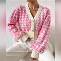 Houndstooth Pattern Lantern Sleeve Cardigan Small Nwt Cardigan Pink, Cardigan Sweater Coat, Legging Sport, Pink Cardigan, Houndstooth Pattern, Sweater Material, Sleeve Cardigan, Short Coat, Lantern Sleeve