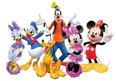 several cartoon characters are posing together for a photo in front of a white background with the words disney written on it