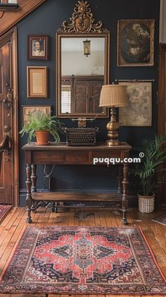 an old fashioned desk in the corner of a room with pictures on the wall above it