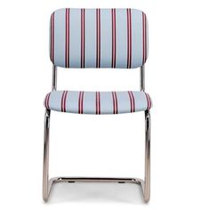 a blue and red striped chair against a white background with the seat upholstered